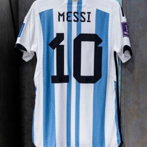 Argentina Home shirt, Messi 10, 2022 World cup jersey with 3 stars, Champion patches and world cup patches