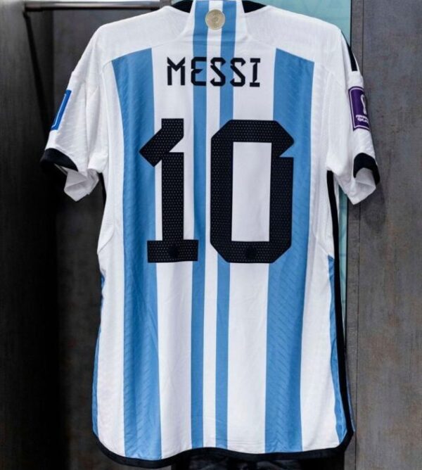 Argentina Home Shirt, Messi 10, 2022 World Cup Jersey With 3 Stars, Champion Patches And World Cup Patches