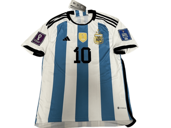 Argentina Home Shirt, Messi 10, 2022 World Cup Jersey With 3 Stars, Champion Patches And World Cup Patches